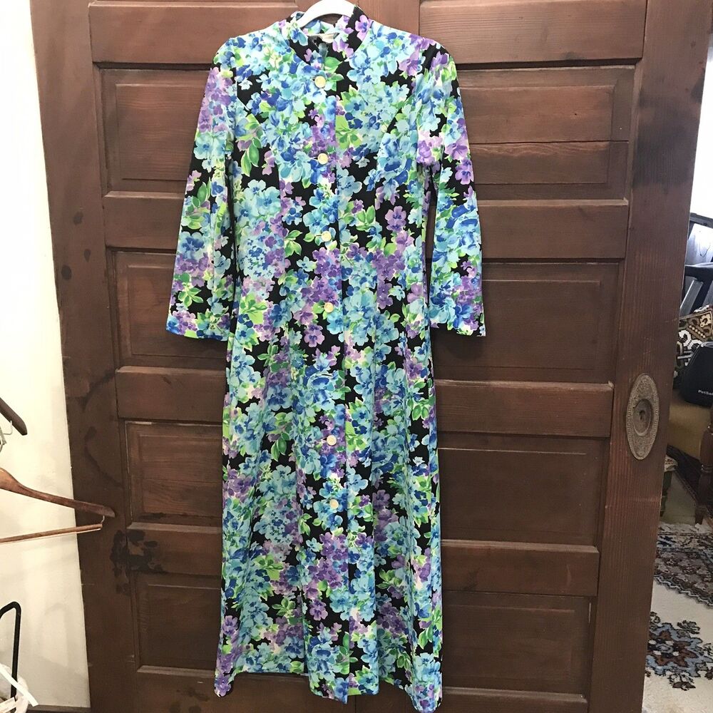 Vintage Retro 70s Floral Housecoat Granny Bright Flowers Robe Small Duster READ